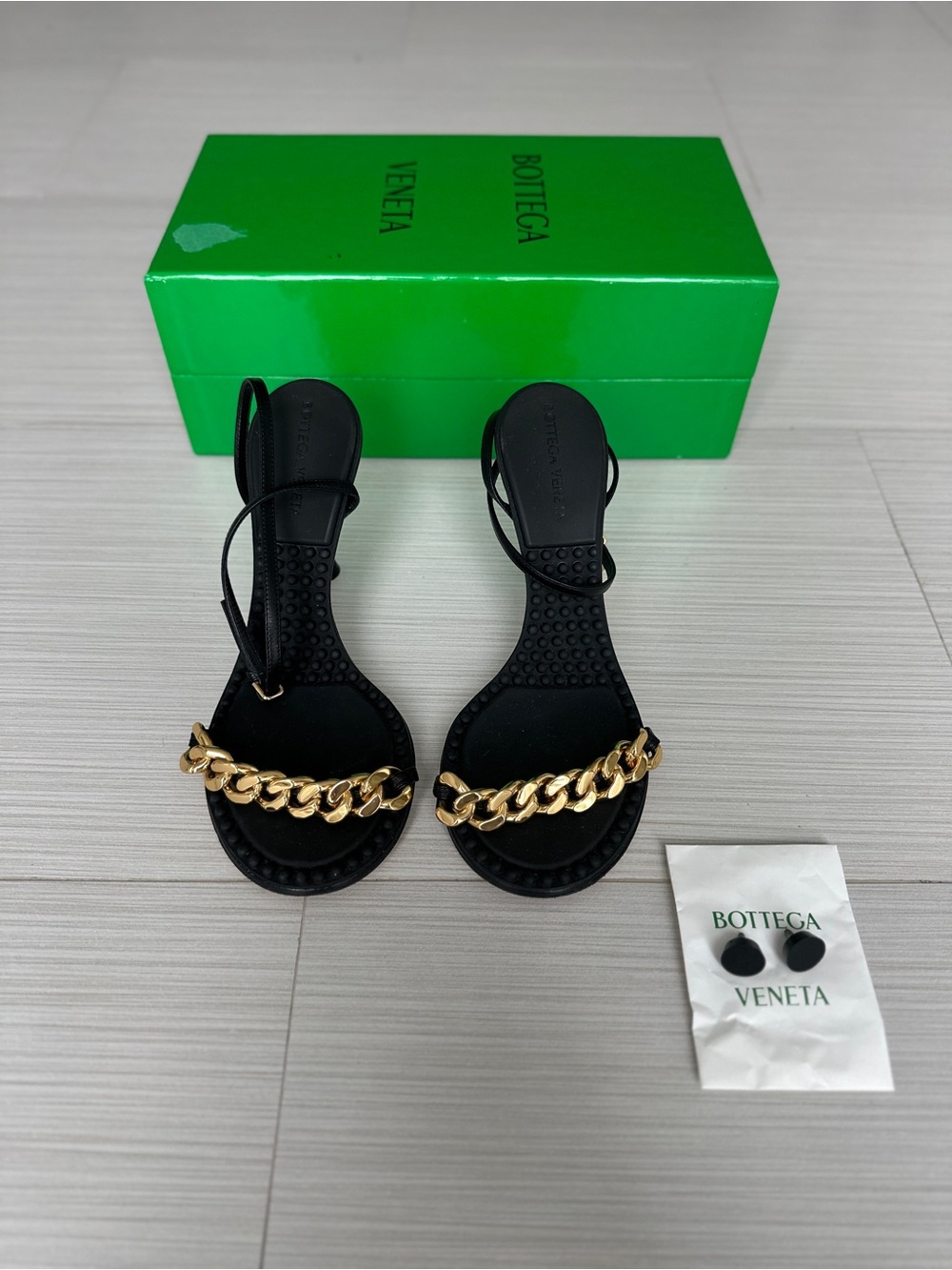 Bottega Veneta Black Dot Heeled Sandals with Gold Chain